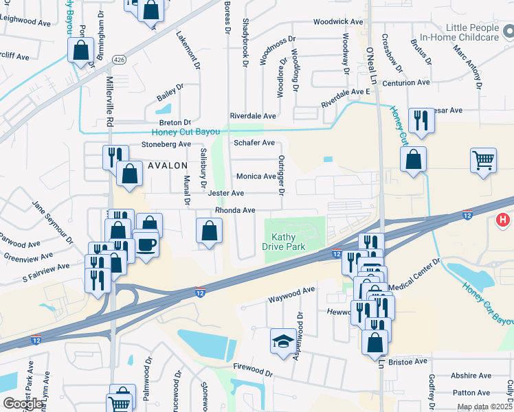 map of restaurants, bars, coffee shops, grocery stores, and more near 15315 Rhonda Avenue in Baton Rouge