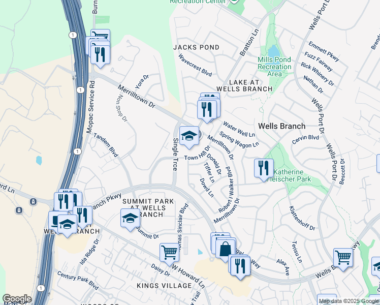 map of restaurants, bars, coffee shops, grocery stores, and more near 14650 Merrilltown Drive in Austin