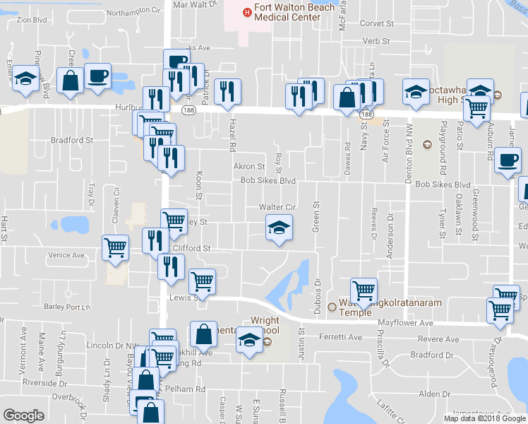 map of restaurants, bars, coffee shops, grocery stores, and more near 406 Walter Circle in Fort Walton Beach