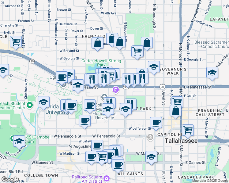 map of restaurants, bars, coffee shops, grocery stores, and more near 530 West Call Street in Tallahassee