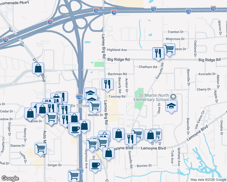 map of restaurants, bars, coffee shops, grocery stores, and more near 11045 Kevin Road in D'Iberville