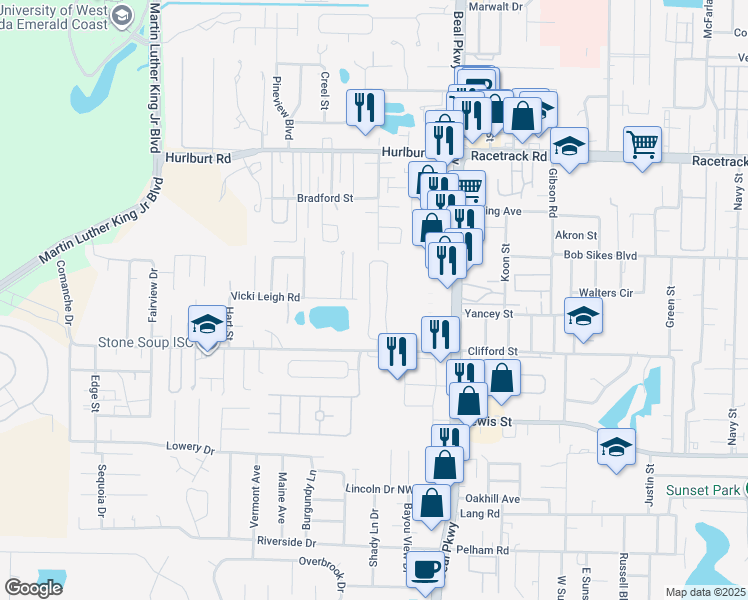 map of restaurants, bars, coffee shops, grocery stores, and more near 984 Claeven Circle in Fort Walton Beach