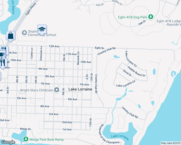 map of restaurants, bars, coffee shops, grocery stores, and more near 65C 12th Street in Shalimar