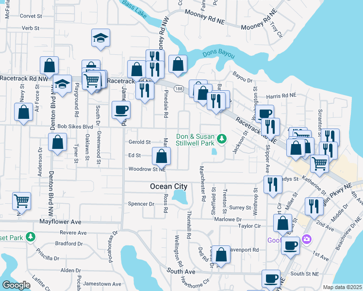 map of restaurants, bars, coffee shops, grocery stores, and more near 721 Tuxedo Drive in Fort Walton Beach
