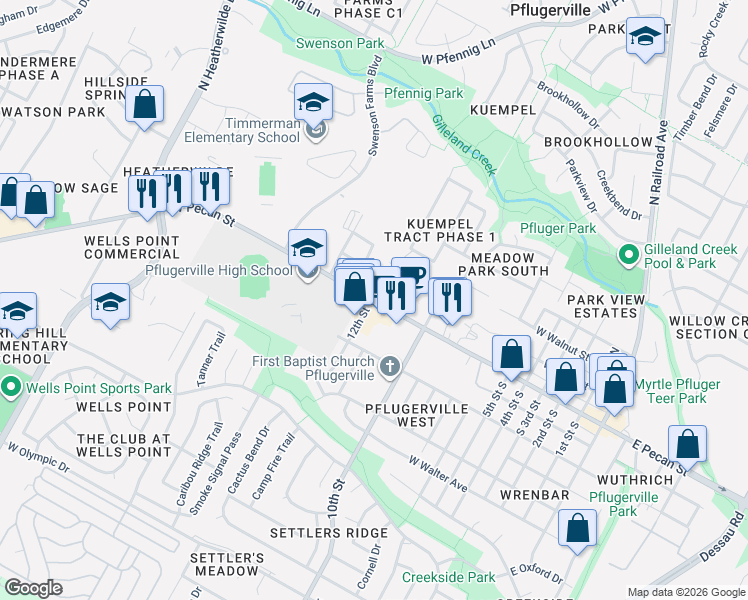 map of restaurants, bars, coffee shops, grocery stores, and more near 10 12th Street in Pflugerville