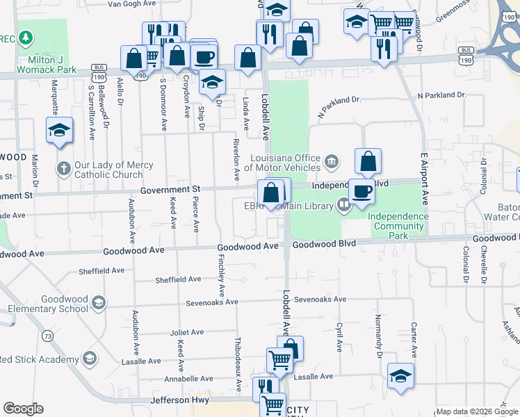 map of restaurants, bars, coffee shops, grocery stores, and more near 7307 Goodwood Avenue in Baton Rouge