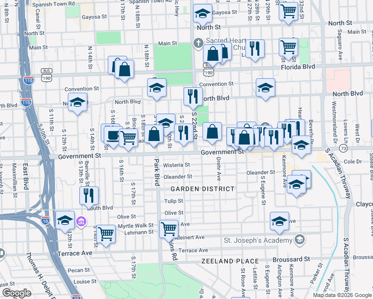 map of restaurants, bars, coffee shops, grocery stores, and more near 2031 Government Street in Baton Rouge