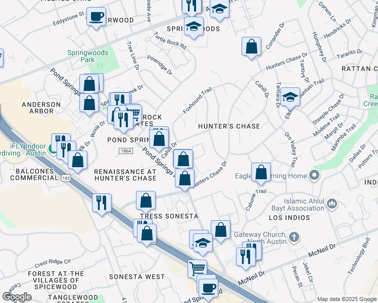 map of restaurants, bars, coffee shops, grocery stores, and more near 8519 Cahill Drive in Austin