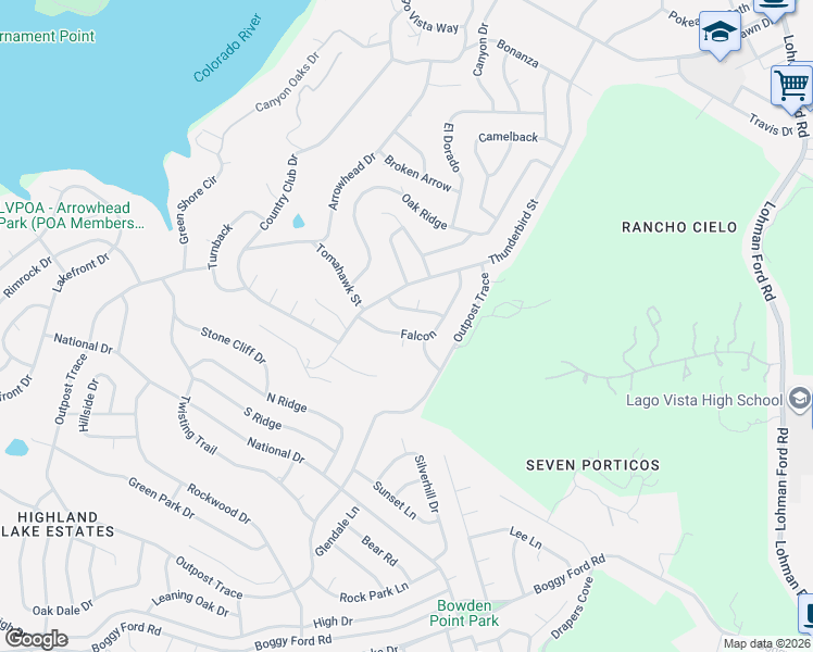 map of restaurants, bars, coffee shops, grocery stores, and more near 20700 Falcon in Lago Vista