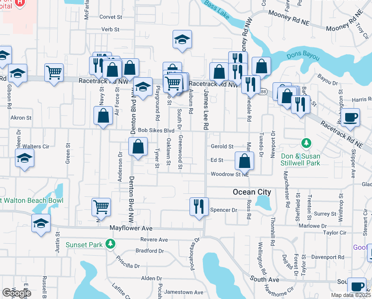 map of restaurants, bars, coffee shops, grocery stores, and more near 715 Greenwood Street in Fort Walton Beach