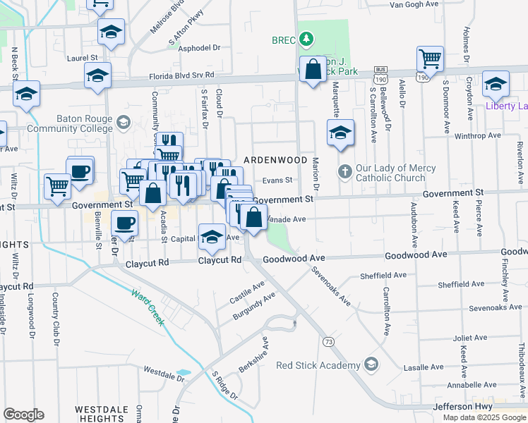 map of restaurants, bars, coffee shops, grocery stores, and more near 5945 Esplanade Avenue in Baton Rouge