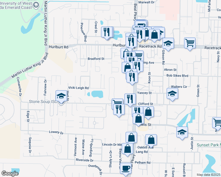 map of restaurants, bars, coffee shops, grocery stores, and more near 984 Claeven Circle in Fort Walton Beach