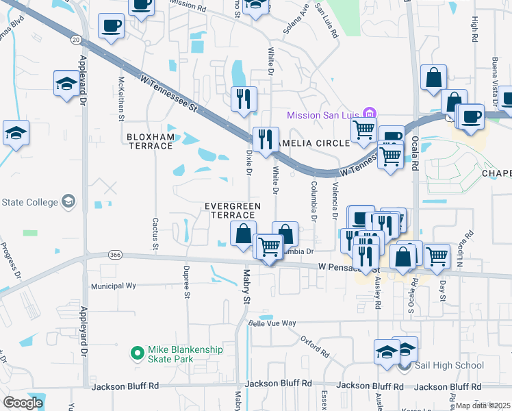 map of restaurants, bars, coffee shops, grocery stores, and more near 227 Dixie Drive in Tallahassee