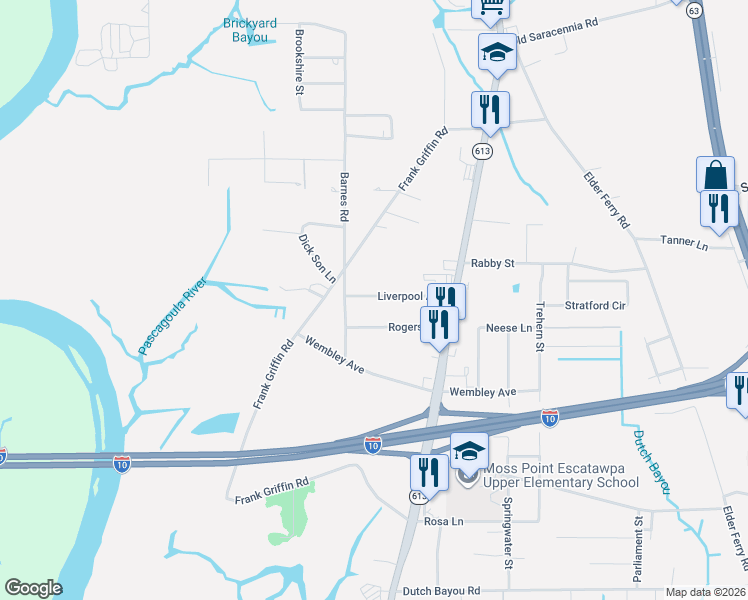 map of restaurants, bars, coffee shops, grocery stores, and more near 3812 Liverpool Avenue in Moss Point