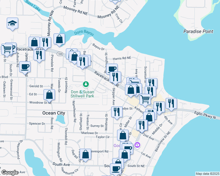 map of restaurants, bars, coffee shops, grocery stores, and more near 305 Duval Street in Fort Walton Beach