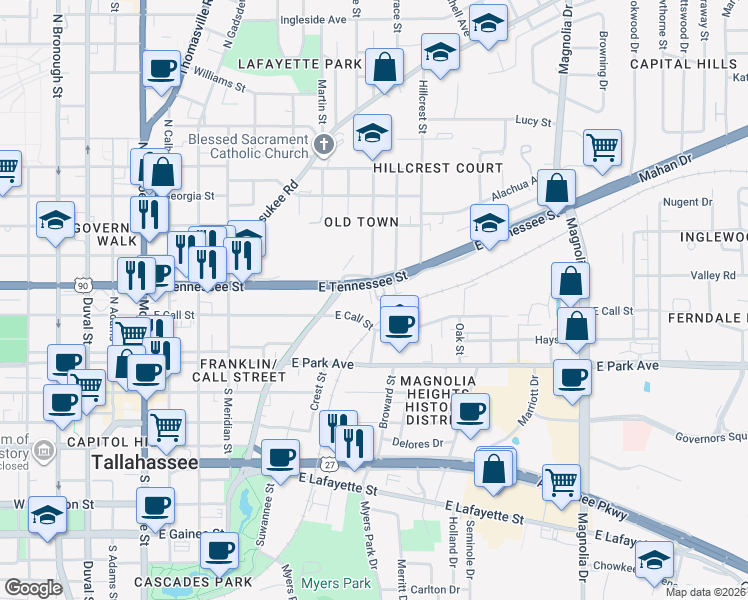 map of restaurants, bars, coffee shops, grocery stores, and more near 638 East Call Street in Tallahassee