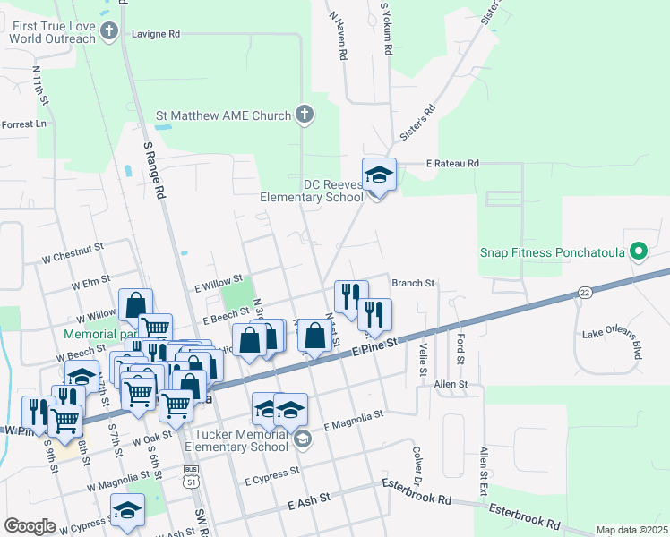 map of restaurants, bars, coffee shops, grocery stores, and more near 335 North Baronne Street in Ponchatoula