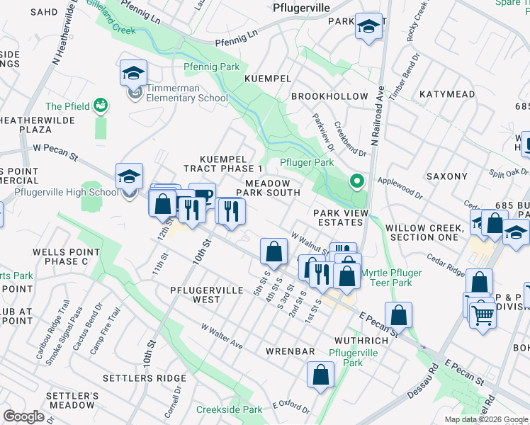 map of restaurants, bars, coffee shops, grocery stores, and more near 800 Oakdale Lane in Pflugerville