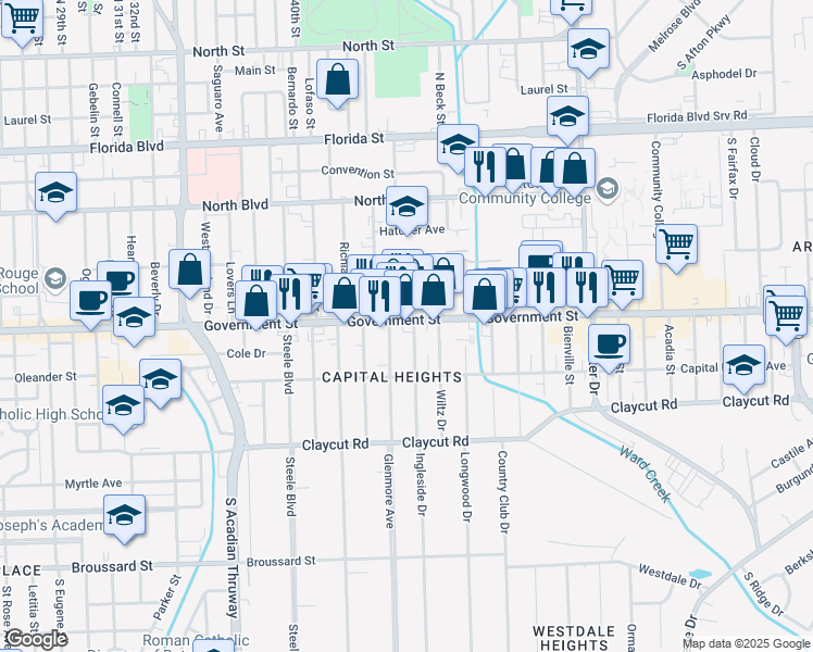 map of restaurants, bars, coffee shops, grocery stores, and more near 4242 Government Street in Baton Rouge