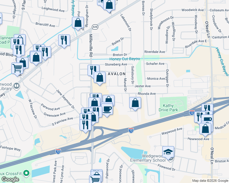 map of restaurants, bars, coffee shops, grocery stores, and more near 14665 Rhonda Avenue in Baton Rouge