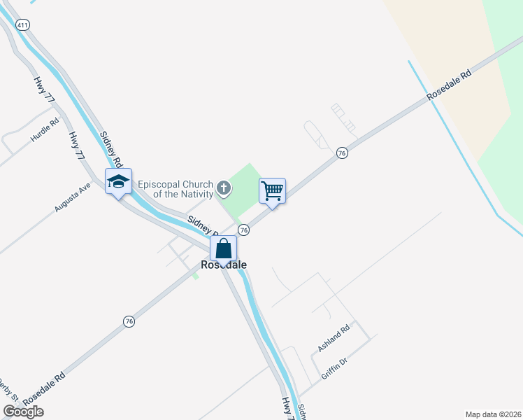 map of restaurants, bars, coffee shops, grocery stores, and more near 76220 Rosedale Road in Rosedale