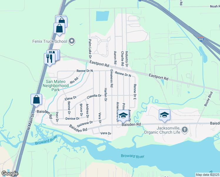 map of restaurants, bars, coffee shops, grocery stores, and more near 11428 Emuness Road in Jacksonville