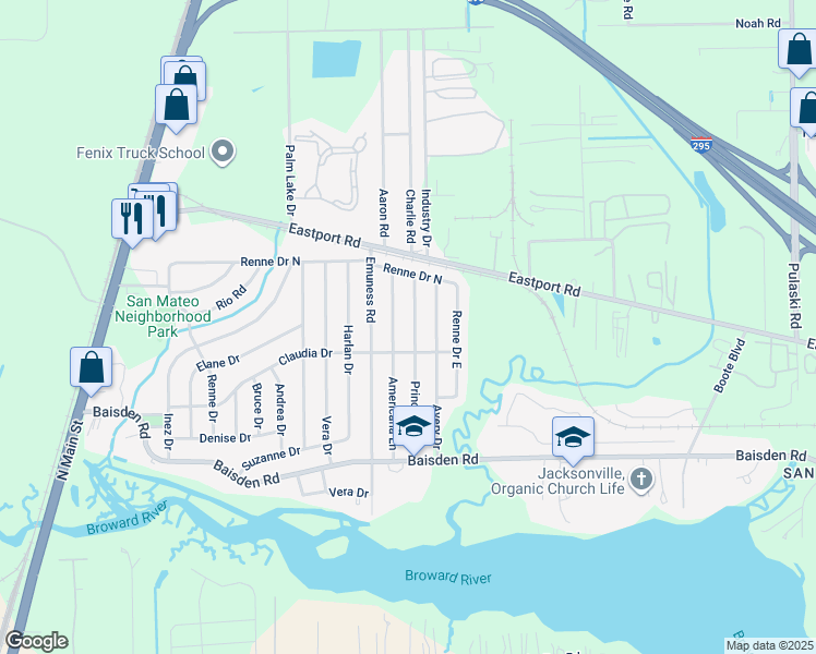 map of restaurants, bars, coffee shops, grocery stores, and more near 11436 Princessa Lane in Jacksonville