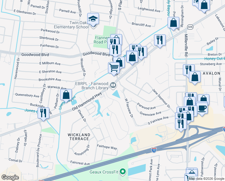 map of restaurants, bars, coffee shops, grocery stores, and more near 12910 Old Hammond Highway in Baton Rouge