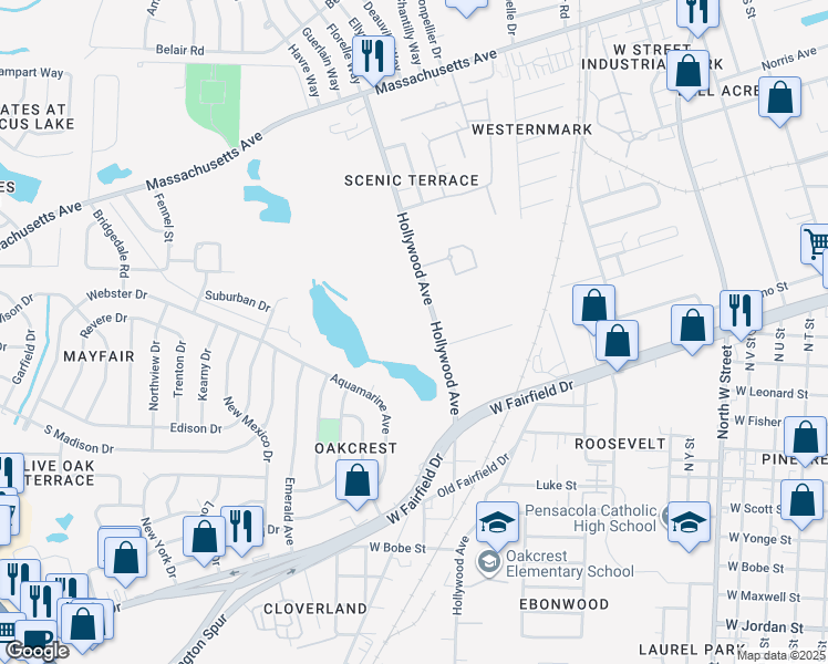 map of restaurants, bars, coffee shops, grocery stores, and more near 2749 Hollywood Avenue in Pensacola