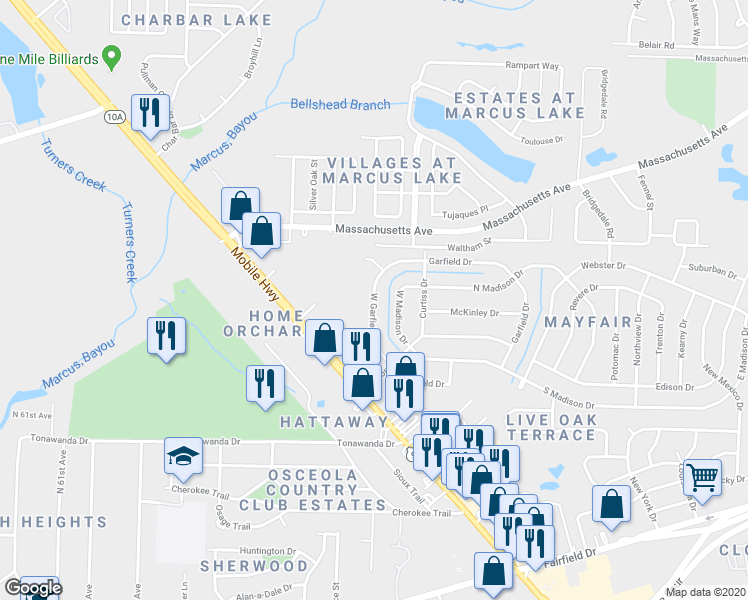 map of restaurants, bars, coffee shops, grocery stores, and more near 121 West Garfield Drive in Pensacola
