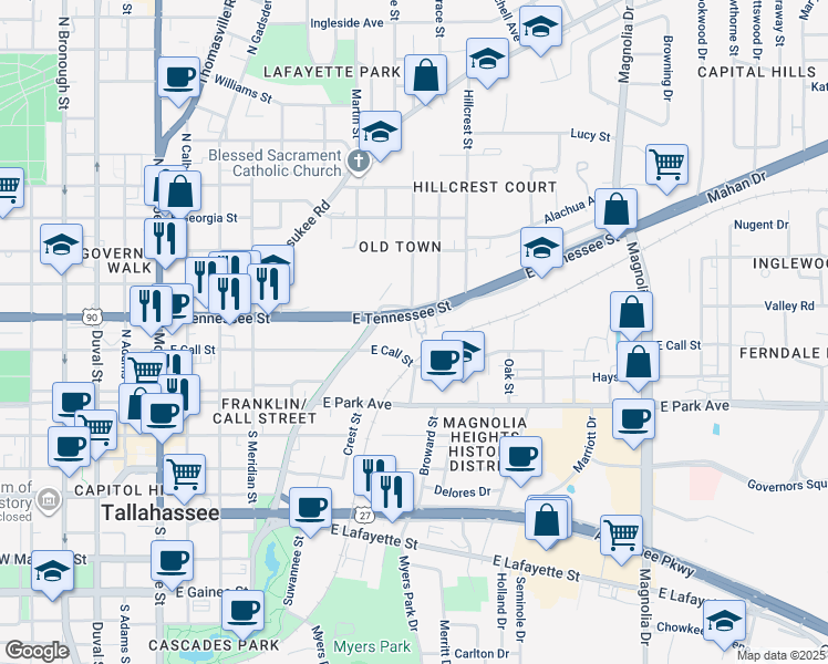 map of restaurants, bars, coffee shops, grocery stores, and more near 638 East Call Street in Tallahassee