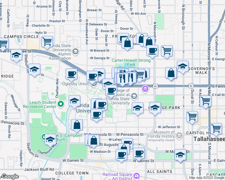 map of restaurants, bars, coffee shops, grocery stores, and more near in Tallahassee