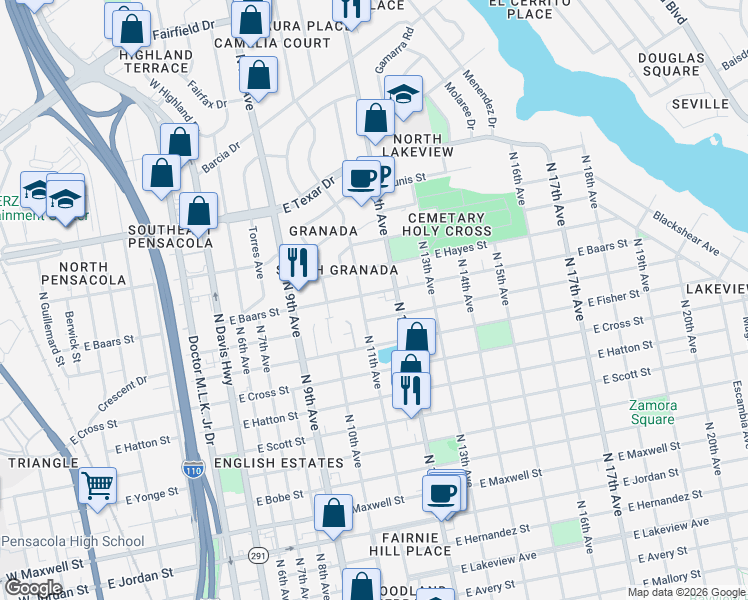 map of restaurants, bars, coffee shops, grocery stores, and more near 1101 East Baars Street in Pensacola