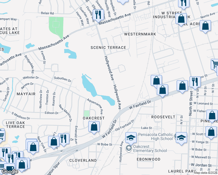 map of restaurants, bars, coffee shops, grocery stores, and more near 2749 Hollywood Avenue in Pensacola