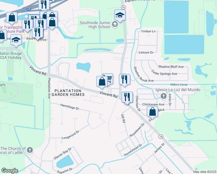 map of restaurants, bars, coffee shops, grocery stores, and more near 8439 Vincent Road in Denham Springs