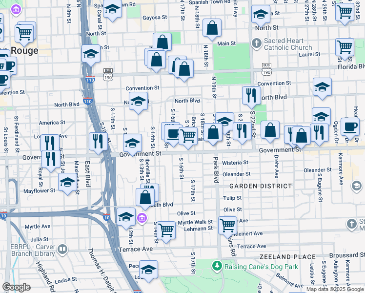 map of restaurants, bars, coffee shops, grocery stores, and more near 1701 Government Street in Baton Rouge