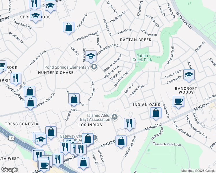 map of restaurants, bars, coffee shops, grocery stores, and more near 12607 Olympiad Drive in Austin