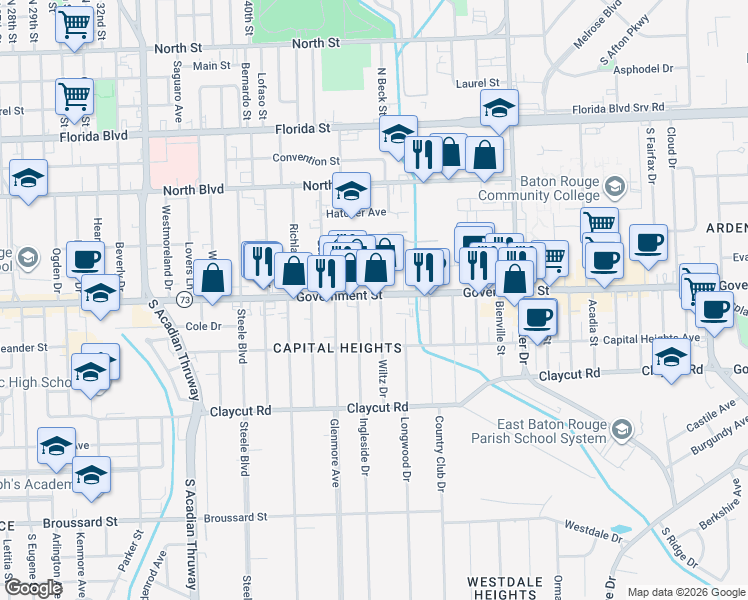 map of restaurants, bars, coffee shops, grocery stores, and more near 513 Wiltz Drive in Baton Rouge