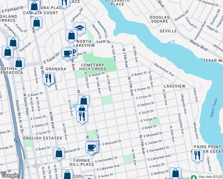map of restaurants, bars, coffee shops, grocery stores, and more near 1501 East Leonard Street in Pensacola