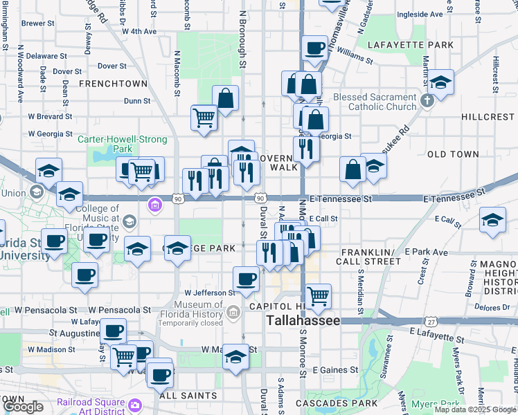 map of restaurants, bars, coffee shops, grocery stores, and more near 220 North Duval Street in Tallahassee