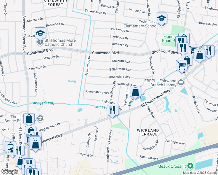 map of restaurants, bars, coffee shops, grocery stores, and more near 12450 Warwick Avenue in Baton Rouge