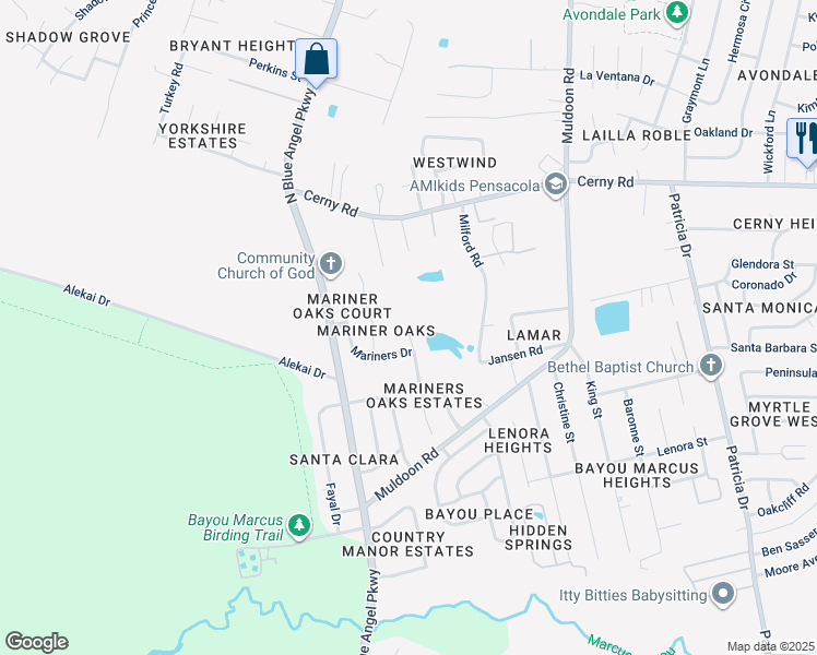 map of restaurants, bars, coffee shops, grocery stores, and more near 3224 Windjammer Court in Pensacola