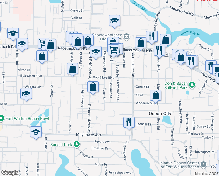 map of restaurants, bars, coffee shops, grocery stores, and more near 710 Oaklawn Street in Fort Walton Beach
