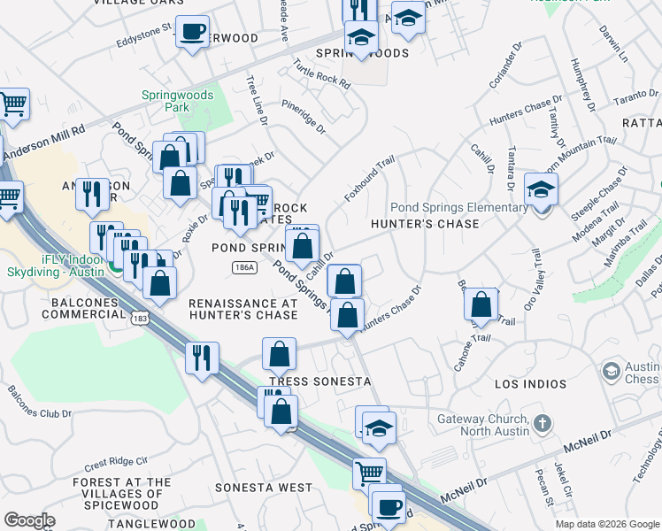 map of restaurants, bars, coffee shops, grocery stores, and more near 8519 Cahill Drive in Austin
