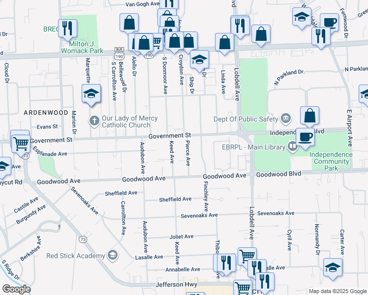 map of restaurants, bars, coffee shops, grocery stores, and more near 566 Hannah Pierce Road in Baton Rouge
