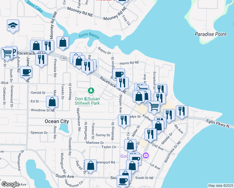 map of restaurants, bars, coffee shops, grocery stores, and more near 305 Duval Street in Fort Walton Beach