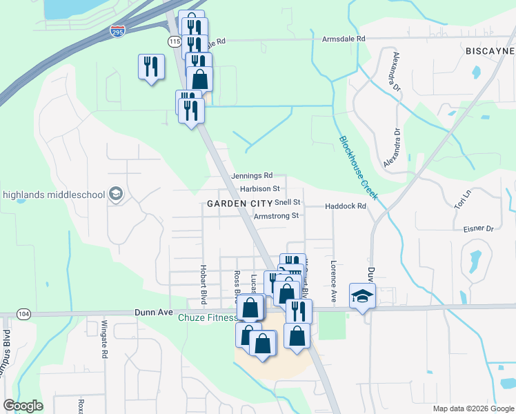 map of restaurants, bars, coffee shops, grocery stores, and more near 11553 Lucas Street in Jacksonville