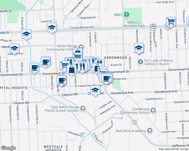 map of restaurants, bars, coffee shops, grocery stores, and more near 577 Franklin Street in Baton Rouge