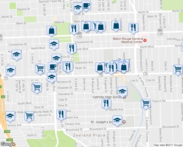 map of restaurants, bars, coffee shops, grocery stores, and more near 2427 Government Street in Baton Rouge
