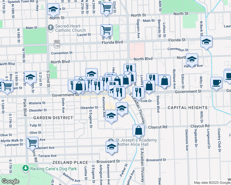 map of restaurants, bars, coffee shops, grocery stores, and more near 3115 Government Street in Baton Rouge